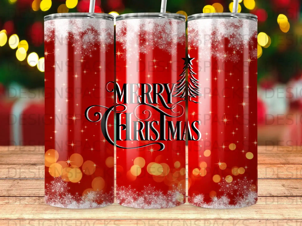 Red tumbler with "Merry Christmas" text and festive snowflake and bokeh design.