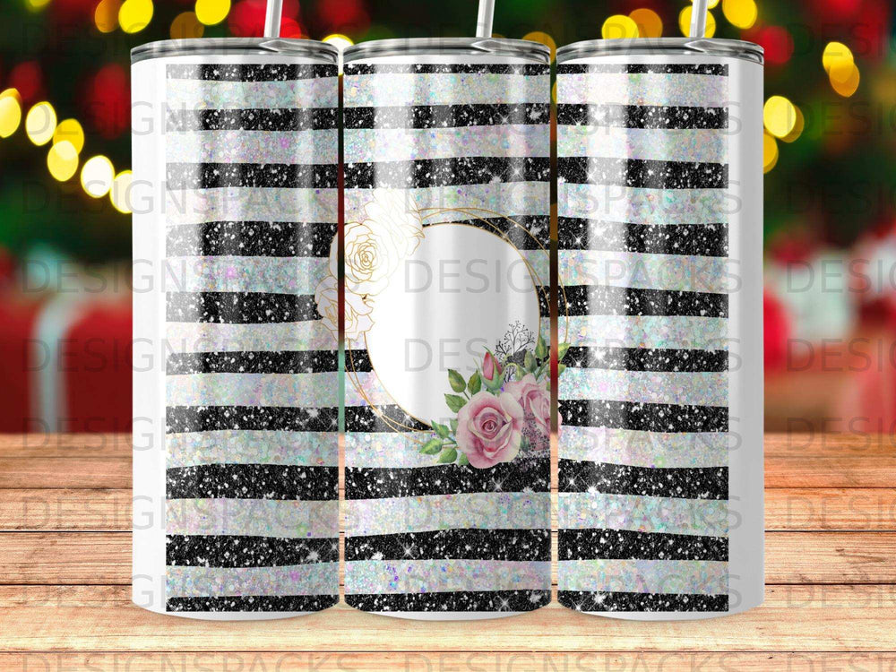 Shimmering Black White Stripes Floral Roses Gold Frame Tumbler product type