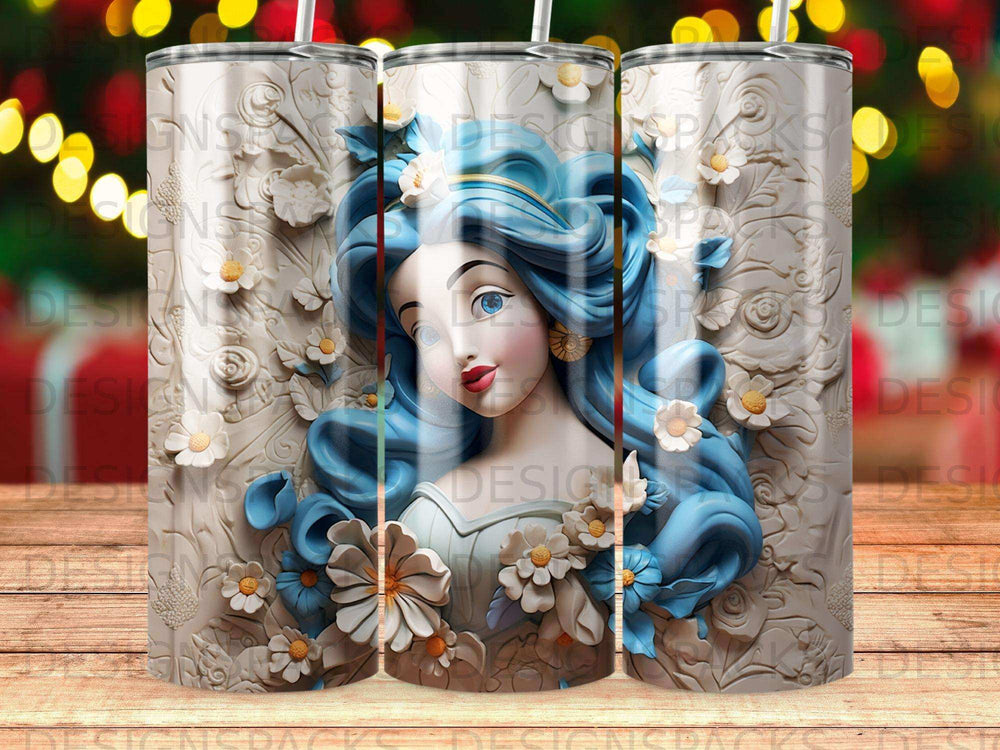 Blue-haired woman with flowers on a white tumbler with blurred background.
