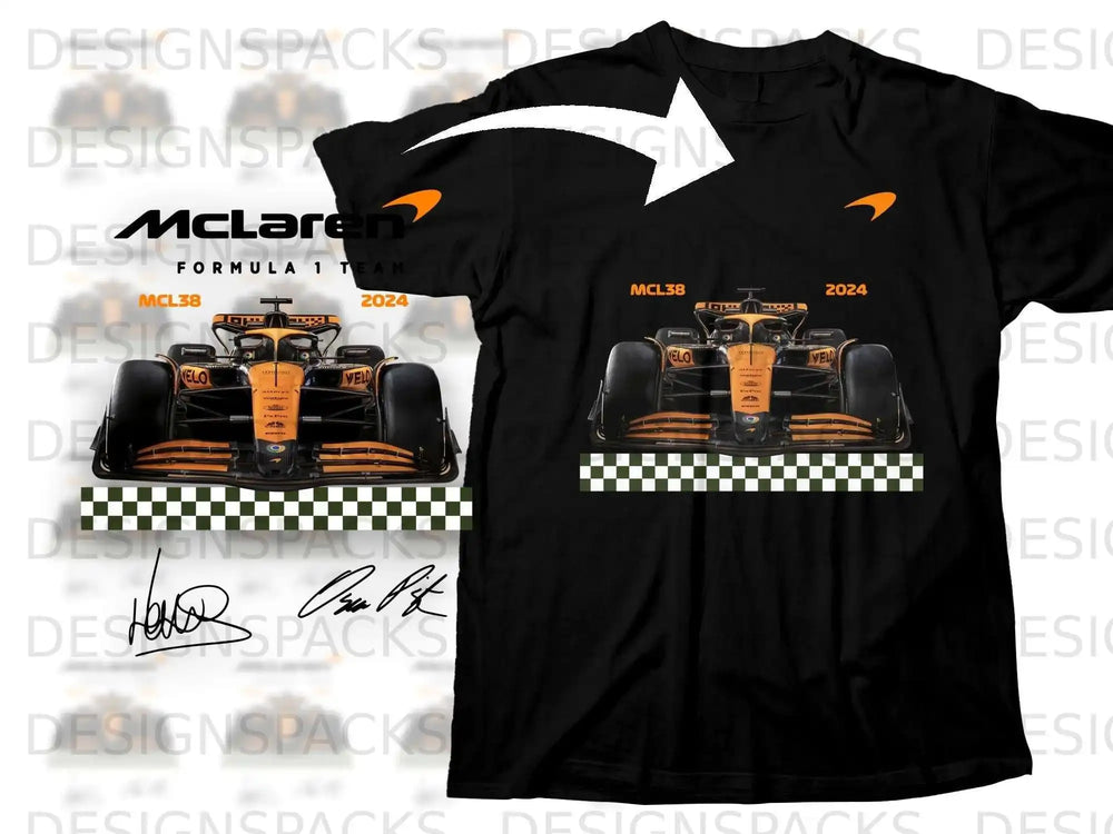 Black t-shirt with McLaren MCL38 Formula 1 car graphic, 2024 season.