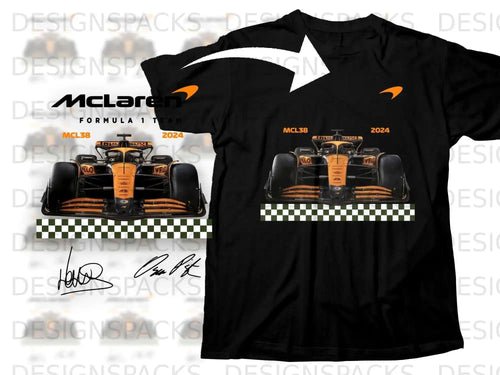 Black t-shirt with McLaren MCL38 Formula 1 car graphic, 2024 season.