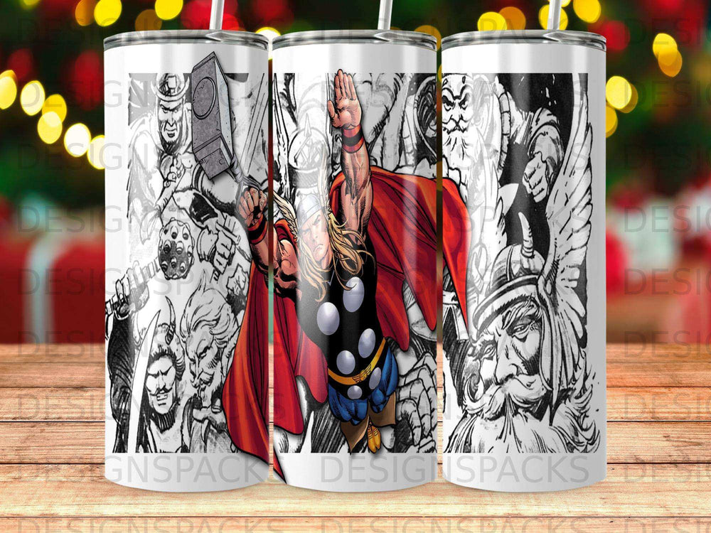 Thor in mid-flight, comic book style, holding Mjolnir.