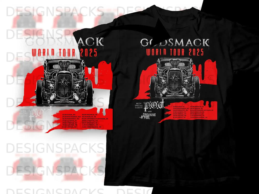 Godsmack World Tour 2025 graphic t-shirt with dates and special guest information.