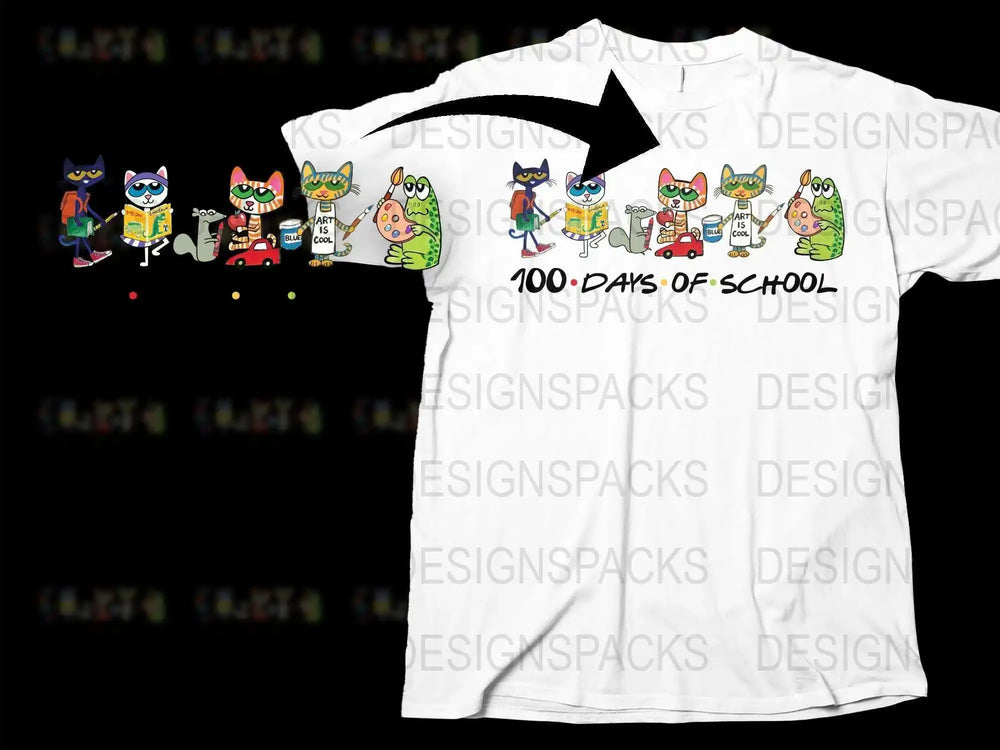Kids 100 Days of School T-Shirt, Colorful Cartoon Superhero Cats, Fun School Celebration Tee, Unisex Children's Clothing