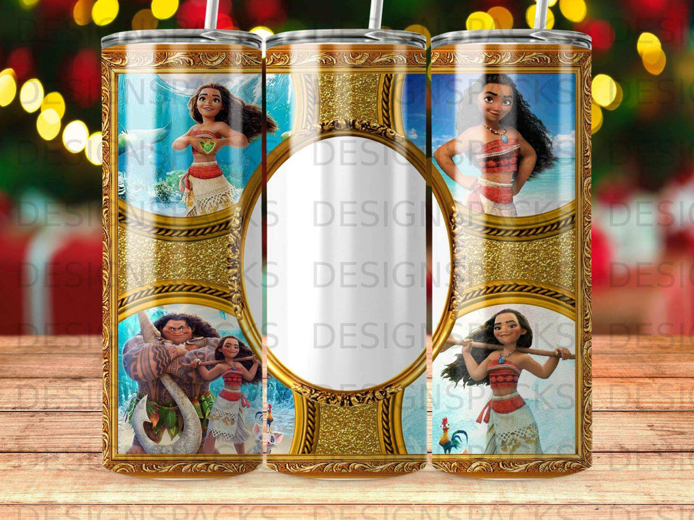 Collage of Disney's Moana characters within ornate gold frames on a tumbler.