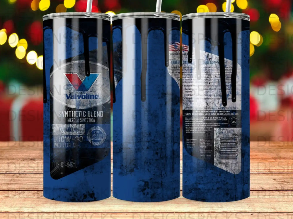 Valvoline synthetic blend motor oil bottle with blue distressed paint drip design.