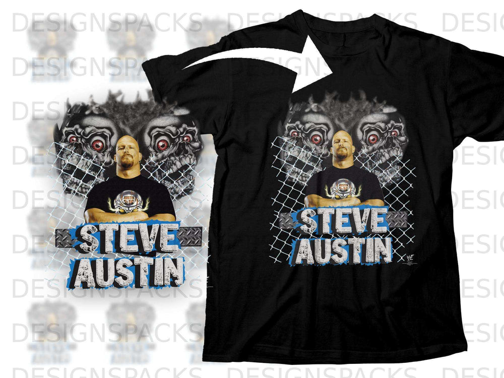 Black t-shirt with "Steve Austin" graphic and a wrestling mask.