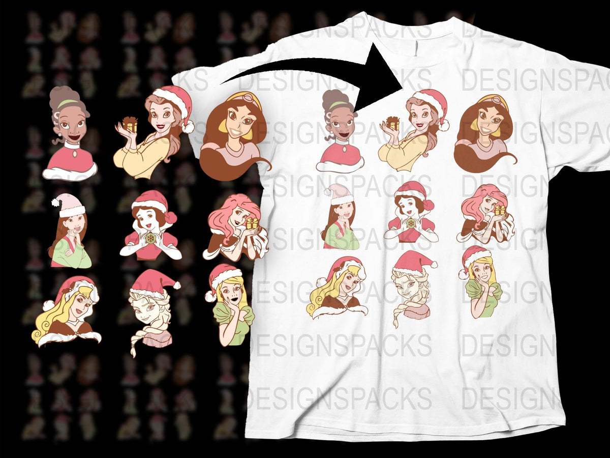 Animated Female Characters Christmas T-Shirt, Festive Holiday Women's Tee, Colorful Casual Apparel