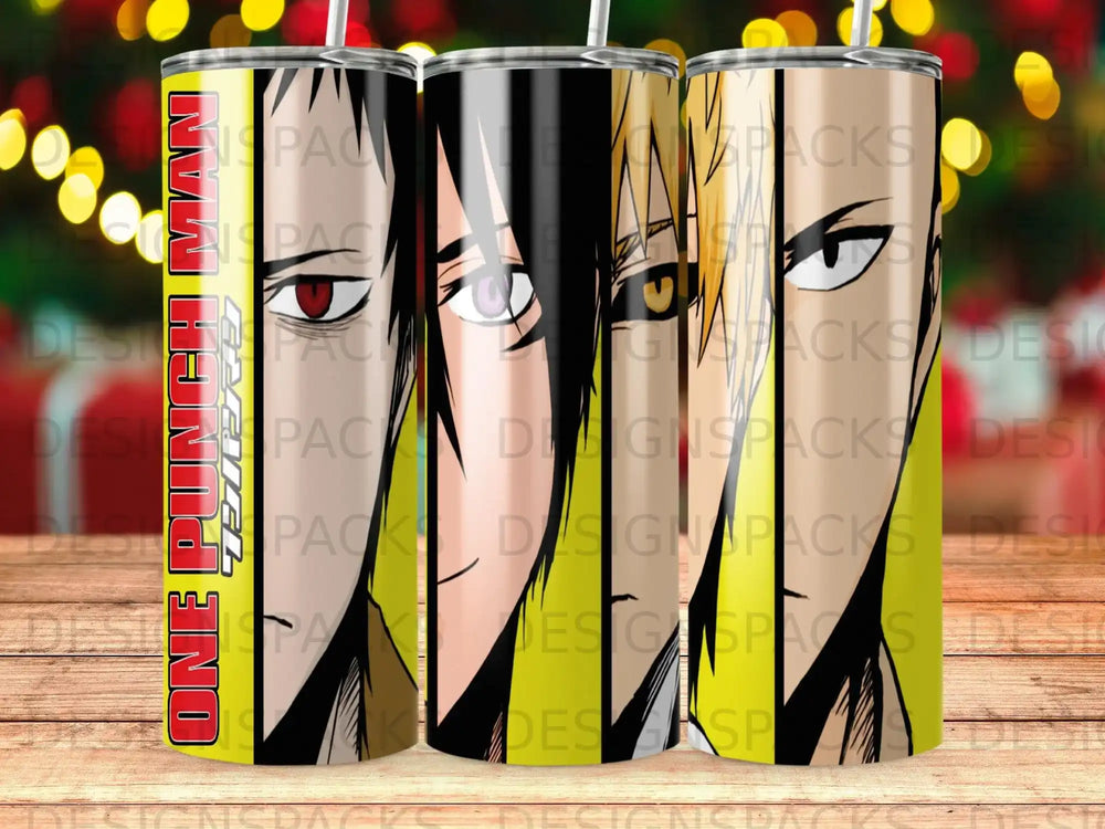Anime character Saitama from One-Punch Man on three tumblers.