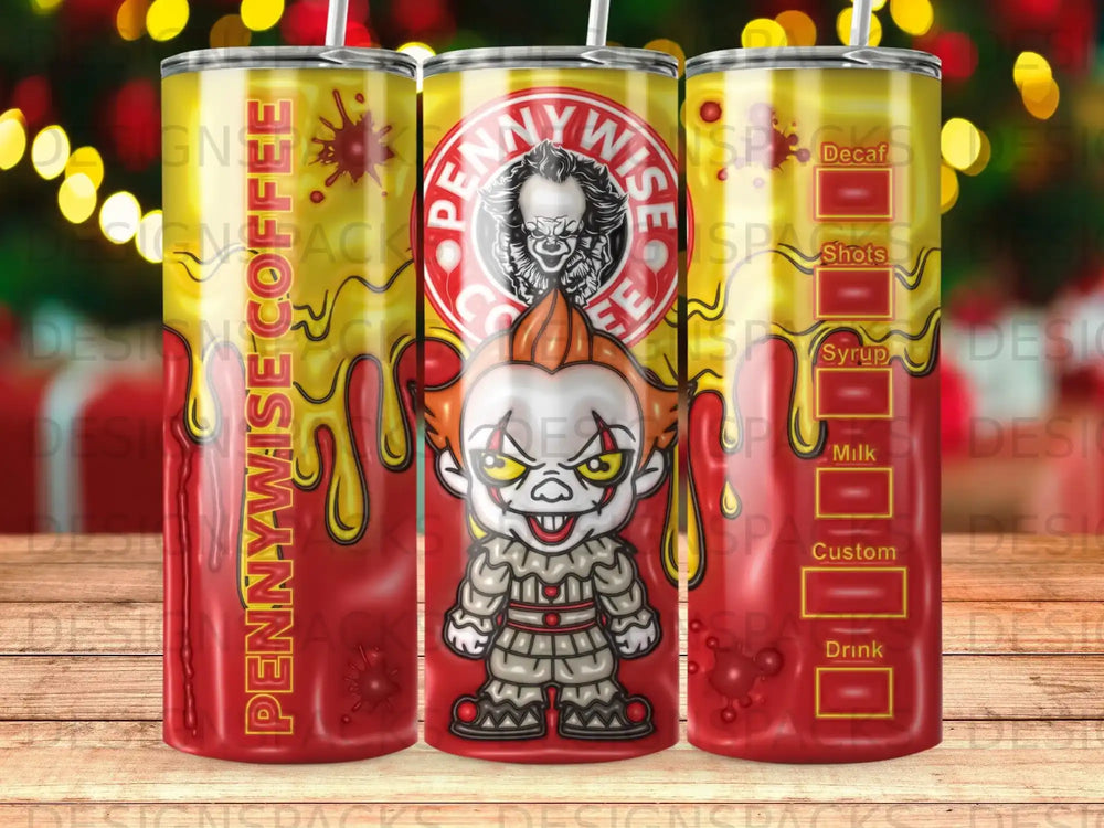 Pennywise Coffee tumbler featuring a clown character with red and yellow accents.