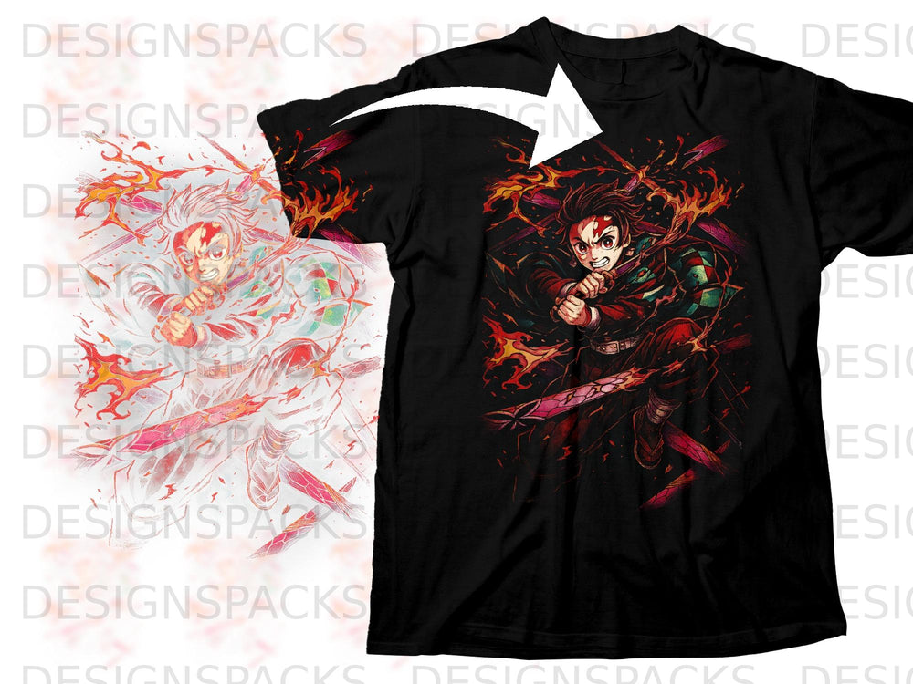 Black t-shirt featuring anime characters with swords and fire effects.