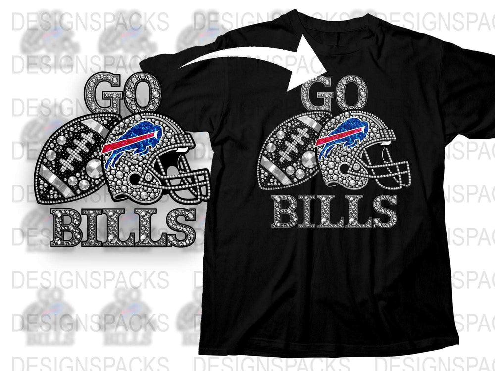 Buffalo Bills Rhinestone T-Shirt, Bling Football Helmets Design, Sparkly Fan Apparel, Women's Black Sports Tee
