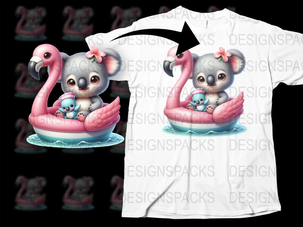 Cute Koala and Baby Flamingo Graphic T-Shirt, Tropical Animal Print Tee, Kids and Adult Sizes Available