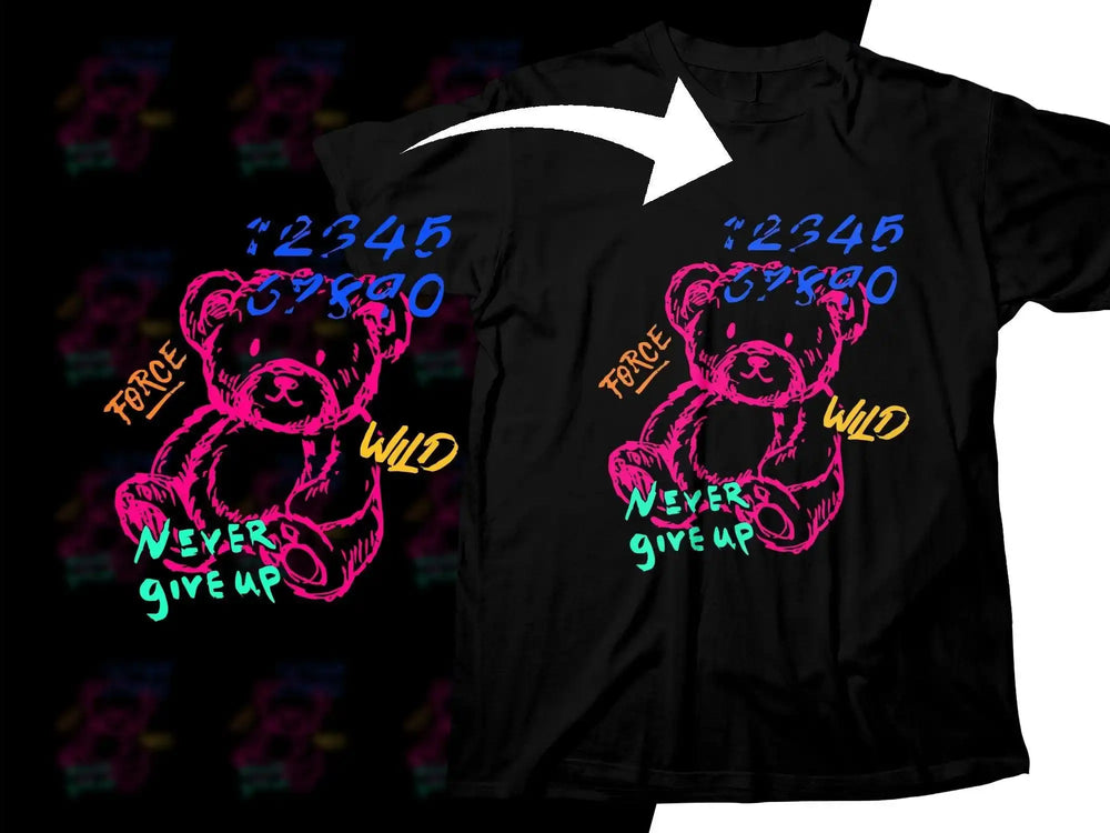 Black t-shirt with neon pink teddy bear, 'Never Give Up' text, and colorful numbers for DTF/DTG designs.