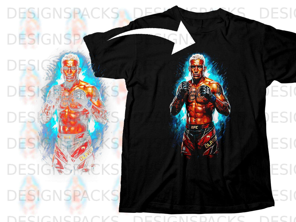 Black t-shirt featuring a vibrant graphic of UFC fighter Charles Oliveira with blue and orange energy.
