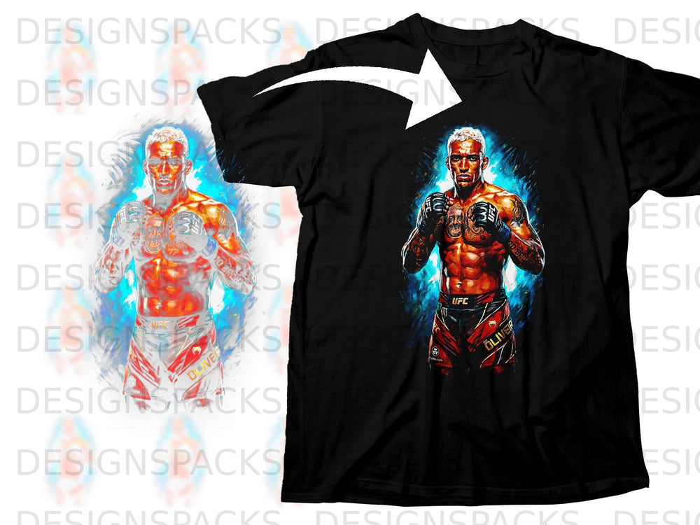 Black t-shirt featuring a vibrant graphic of UFC fighter Charles Oliveira with blue and orange energy.