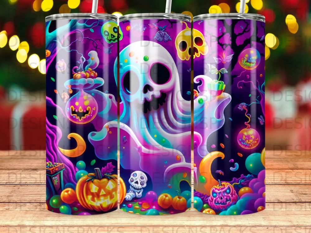 Halloween ghost, pumpkin, and skulls pattern on a tumbler.