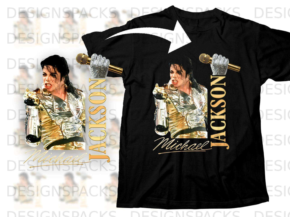 Black t-shirt featuring Michael Jackson in a gold jacket, holding a microphone.