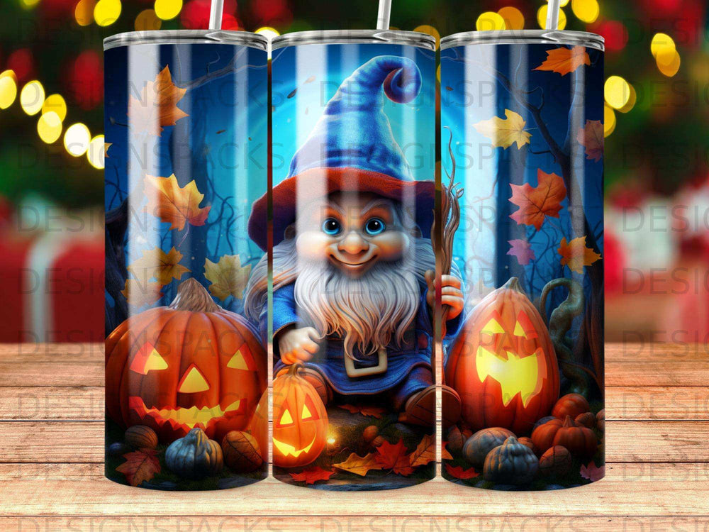 Gnome in wizard hat with pumpkins and autumn leaves.