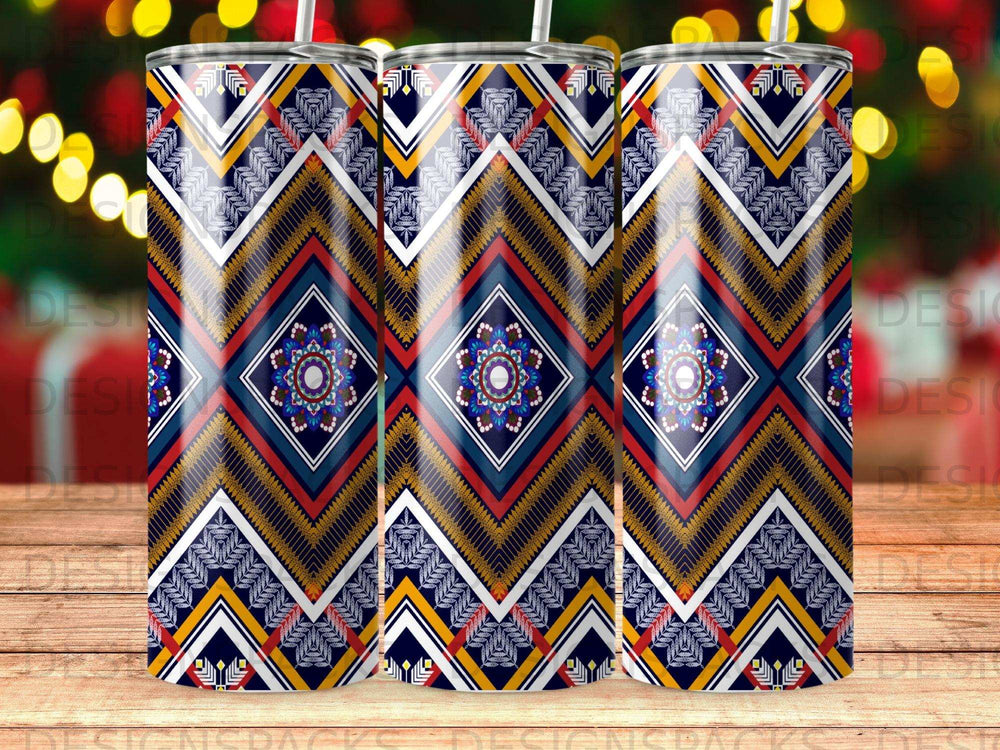 Three tumblers with a geometric diamond and zig-zag pattern.