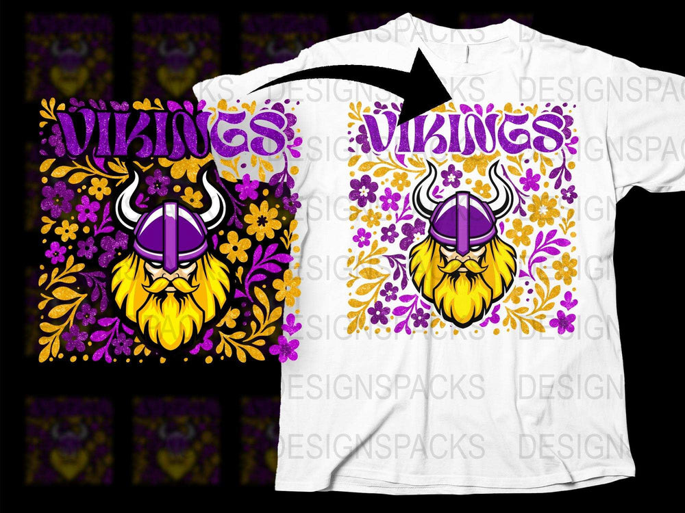 Viking Warrior Graphic T-Shirt, Norse Mythology, Bold Purple Yellow Design, Men's Fashion Tee