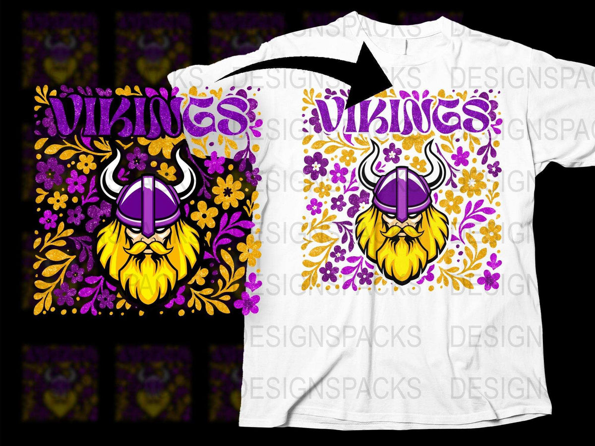 Viking Warrior Graphic T-Shirt, Norse Mythology, Bold Purple Yellow Design, Men's Fashion Tee