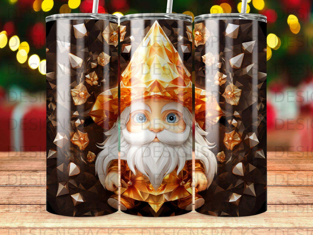 Gnome with diamond-like hat and suit on a dark background.