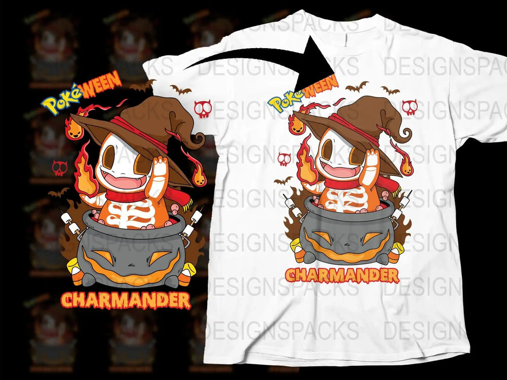 Charmander Halloween T-Shirt, Cute Pumpkin Pokemon Fan Art, Spooky Kids and Adult Tee Sizes
