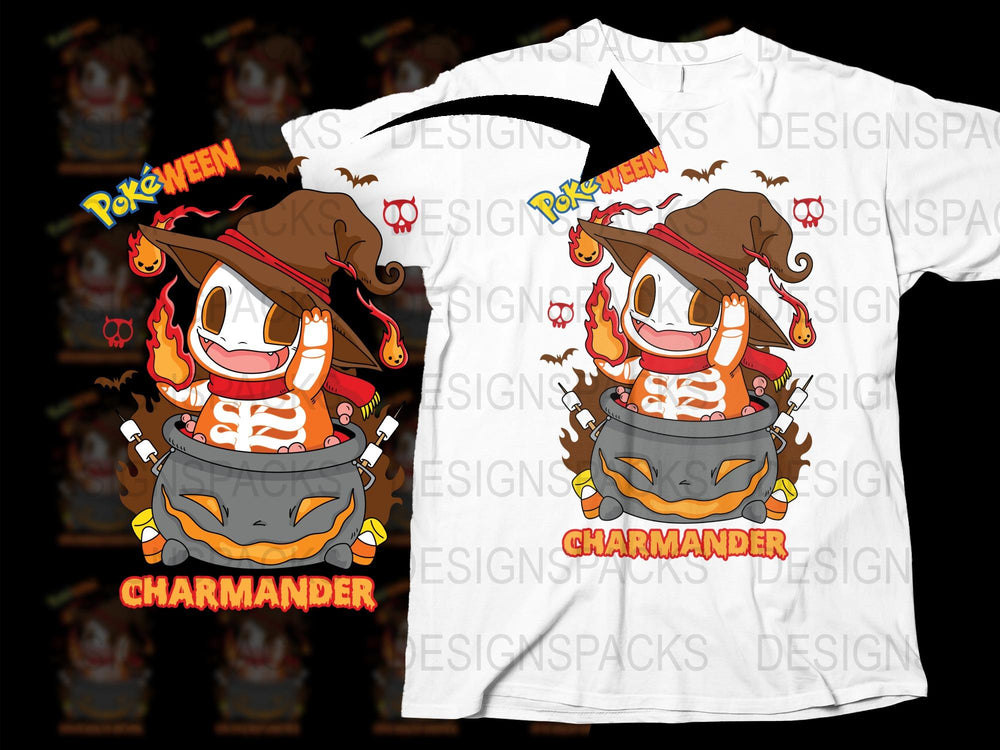 Charmander Halloween T-Shirt, Cute Pumpkin Pokemon Fan Art, Spooky Kids and Adult Tee Sizes