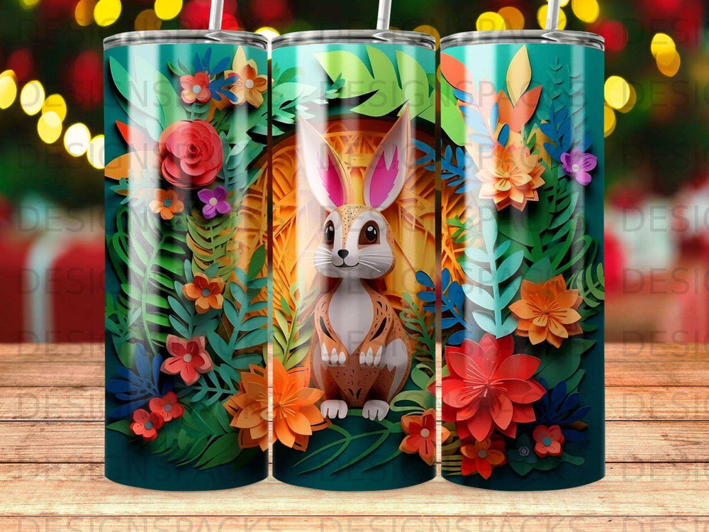 Bunny in floral jungle on patterned tumbler with straw.
