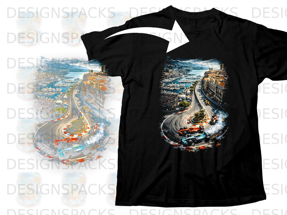 Black t-shirt with a graphic of race cars on a Monaco street circuit.