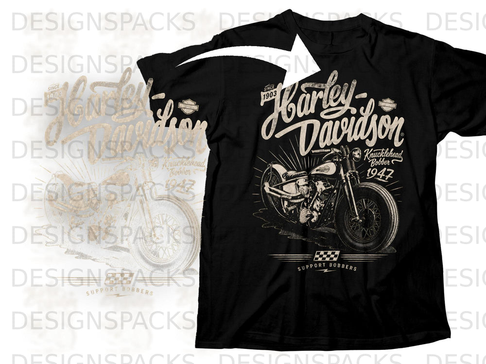 Black t-shirt with distressed Harley-Davidson Knucklehead Bobber 1947 motorcycle graphic.