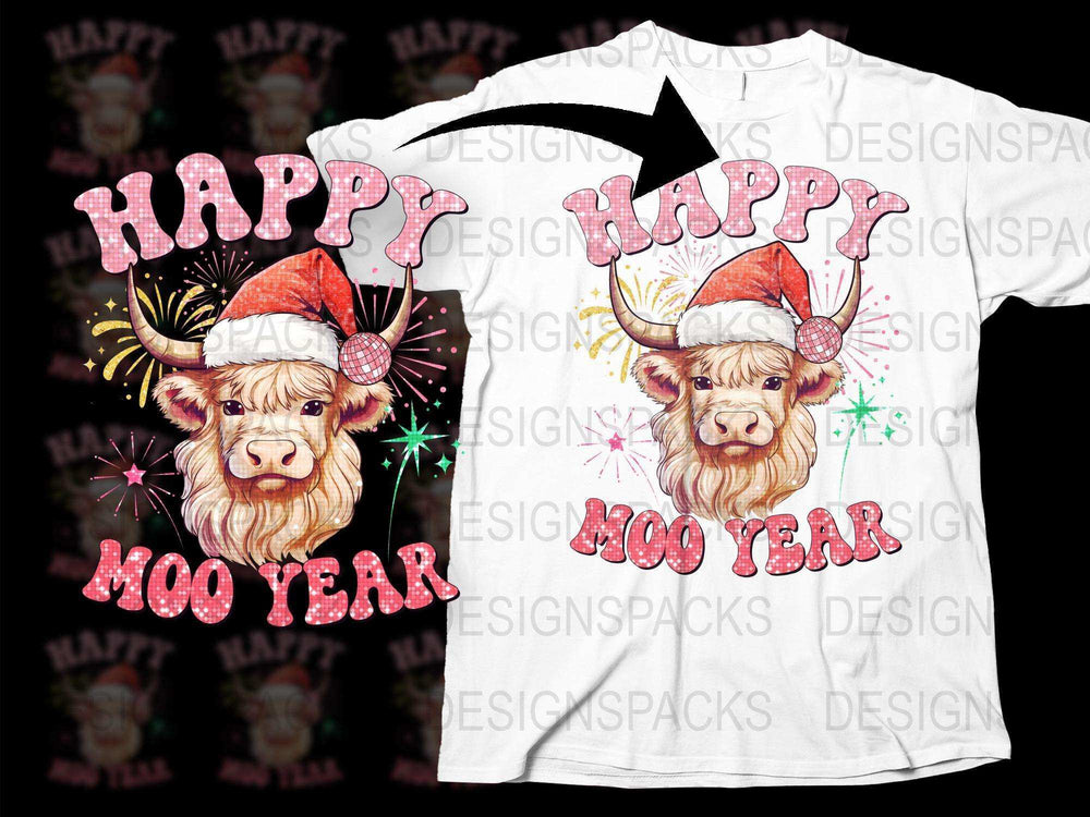 Happy Moo Year T-Shirt, Cute Cow New Year Tee, Festive Animal Holiday Shirt, Unisex Graphic Tee for Adults and Kids
