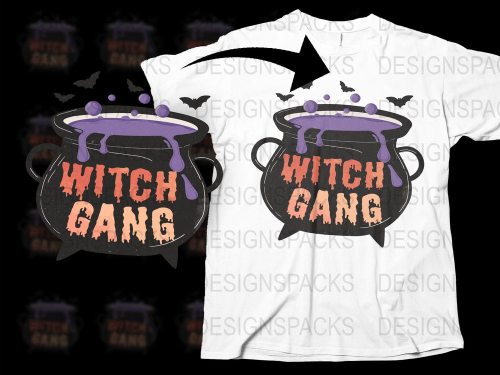 Witch Gang Halloween T-Shirt, Spooky Cauldron Design, Purple and Black Tee, Bat Graphics, Halloween Party Apparel