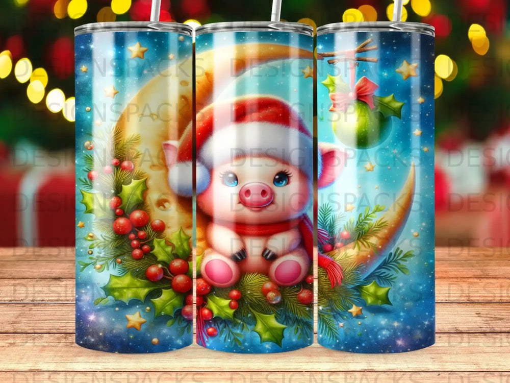 Christmas pig wearing a Santa hat on a crescent moon with holly and stars.