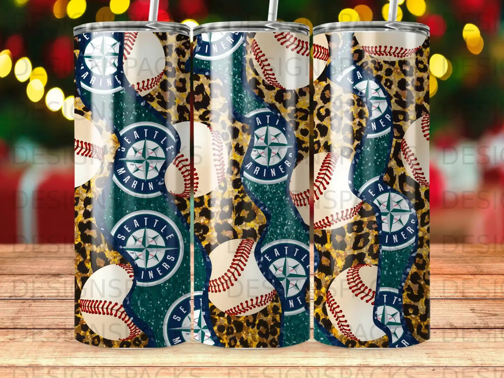 Seattle Mariners baseball and leopard print tumbler with wavy green accents.