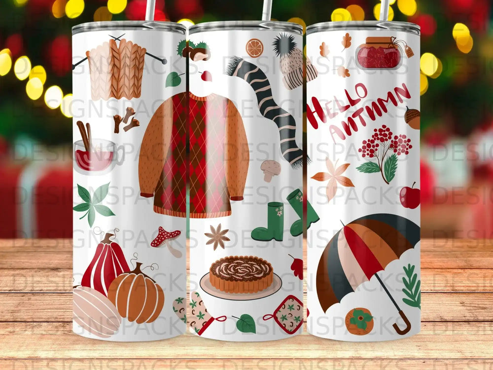 Autumn themed tumblers with sweaters, pumpkins, and umbrellas.