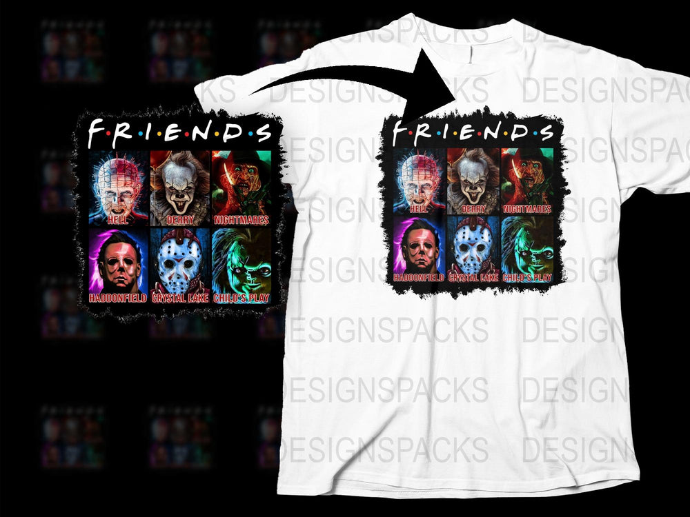 Horror Friends T-Shirt, Scary Movie Icons Graphic Tee, Unisex Adult Halloween Shirt