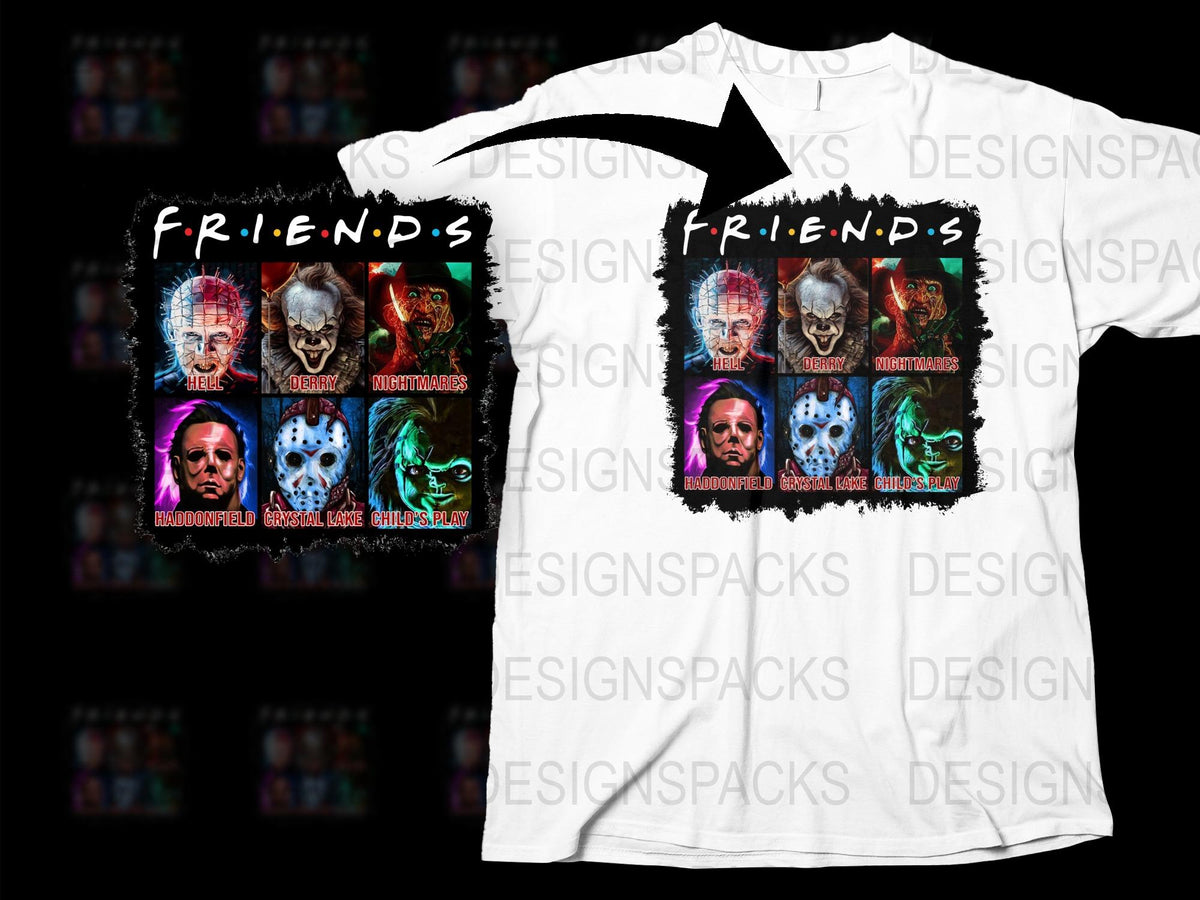 Horror Friends T-Shirt, Scary Movie Icons Graphic Tee, Unisex Adult Halloween Shirt