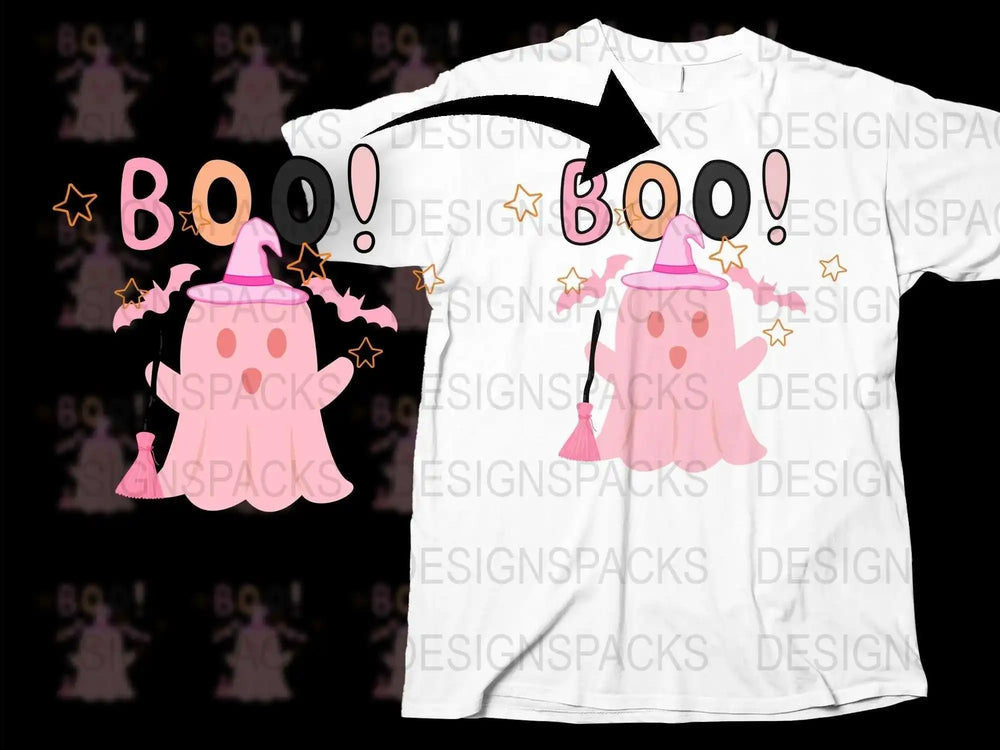 Cute Ghost Boo T-Shirt, Pink Witch Hat, Halloween Kids Tee, Spooky Fun Apparel, Star Graphics