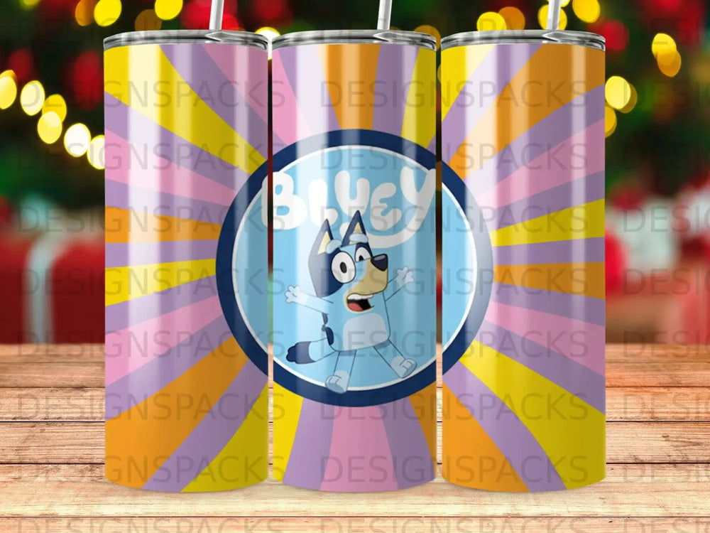 Bluey character illustration on a patterned tumbler with colorful stripes.