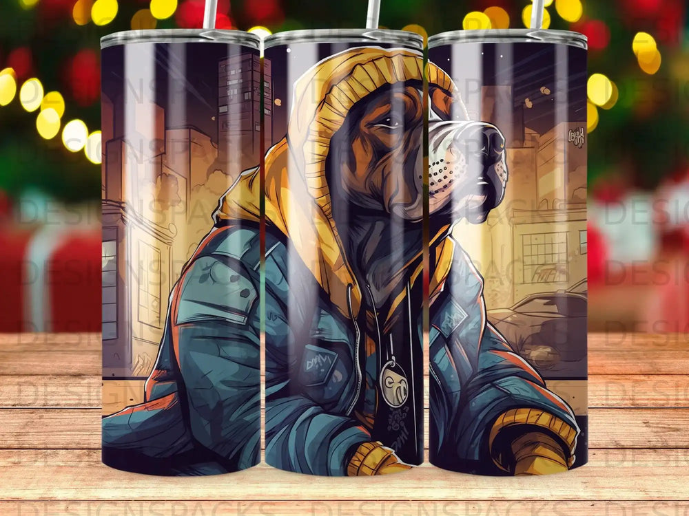 Dog wearing a hooded jacket and streetwear, depicted in a city scene.