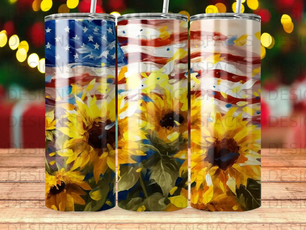 Sunflower and American flag design on three tumblers.