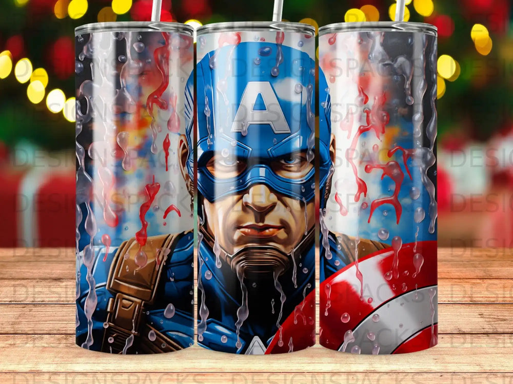 Captain America in close-up with red, white, and blue shield.
