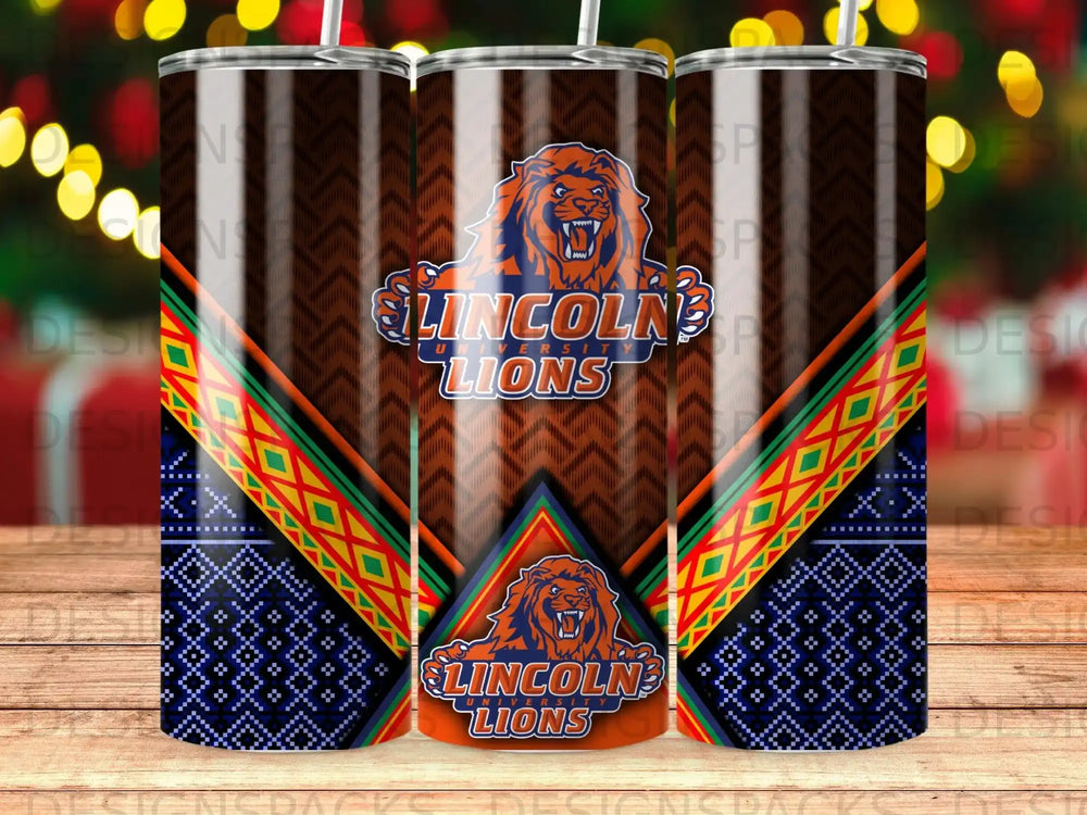 Tumbler with Lincoln University Lions logo and geometric patterns.