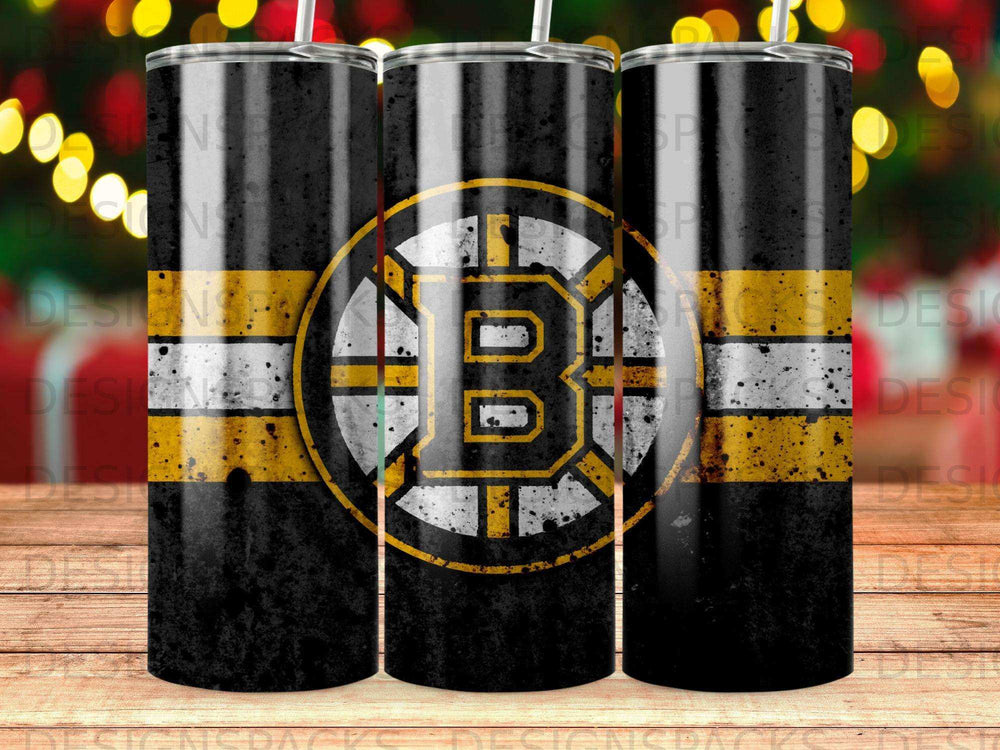 Boston Bruins logo on a black tumbler with yellow and white stripes.