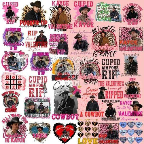 Cowboy Valentine's Day DTF/DTG designs with Cupid, RIP, and love themes for t-shirts and gifts