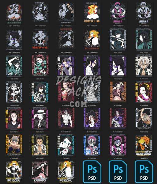 Anime DTF/DTG designs bundle, print-ready PNG & PSD files for t-shirts, embroidery, tumblers