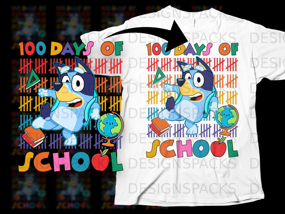 Bluey character celebrates 100 days of school with books, globe, and tally marks.