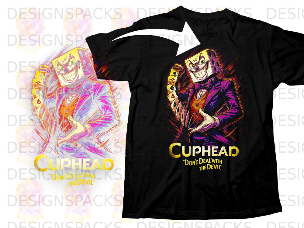 Black t-shirt with King Dice from Cuphead holding playing cards.